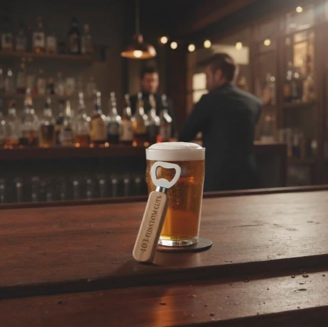 Beer glass with a custom engraved bottle opener on a bar counter, with a blurred bar background.