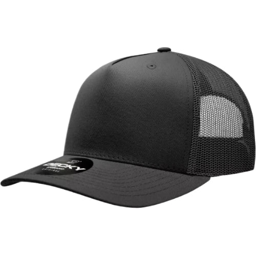 Decky 6030 five-panel trucker hat in Black, angled front view.
