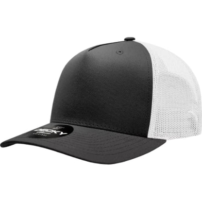 Decky 6030 five-panel trucker hat in Black/White, angled front view.