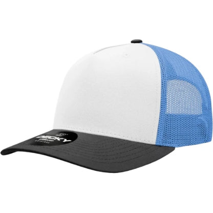 Decky 6030 five-panel trucker hat in Black/White/Blue, angled front view.