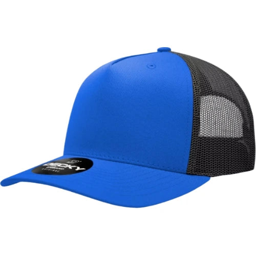 Decky 6030 five-panel trucker hat in Blue/Black, angled front view.
