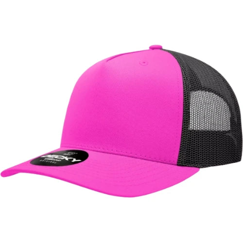 Decky 6030 five-panel trucker hat in Hot Pink/Black, angled front view.