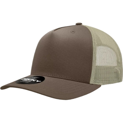 Decky 6030 five-panel trucker hat in Khaki/Brown, angled front view.
