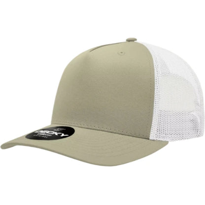 Decky 6030 five-panel trucker hat in Khaki/White, angled front view.