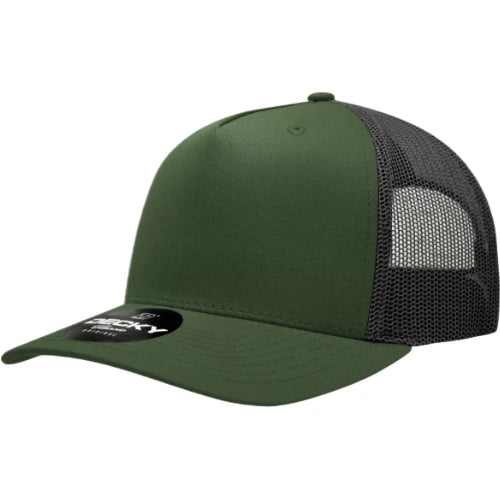 Decky 6030 five-panel trucker hat in Olive/Black, angled front view.