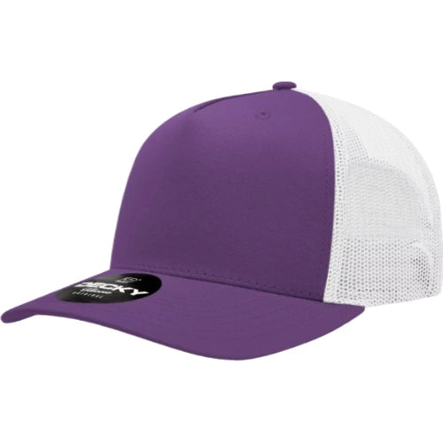 Decky 6030 five-panel trucker hat in Purple/White, angled front view.