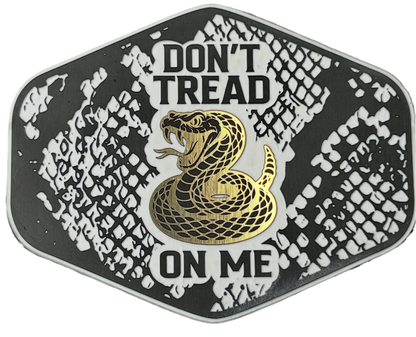 Black and white Don't Tread On Me snakeskin patch with white lettering and a gold coiled snake.
