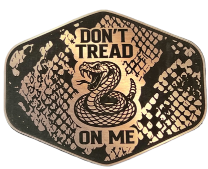 Copper Don't Tread On Me patch with a snakeskin background, coiled snake artwork, and shield shape.