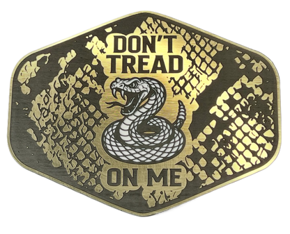 Gold Don't Tread On Me patch with a snakeskin background, coiled snake artwork, and shield shape.