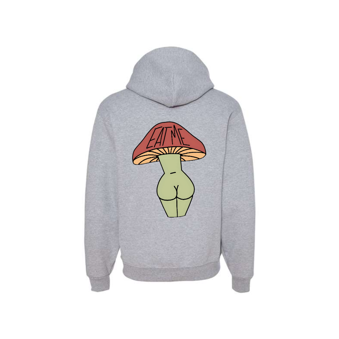 Athletic Heather Eat Me Mushroom Butt graphic hoodie, back view showing the mushroom character graphic.