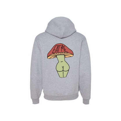 Athletic Heather Eat Me Mushroom Butt graphic hoodie, back view showing the mushroom character graphic.