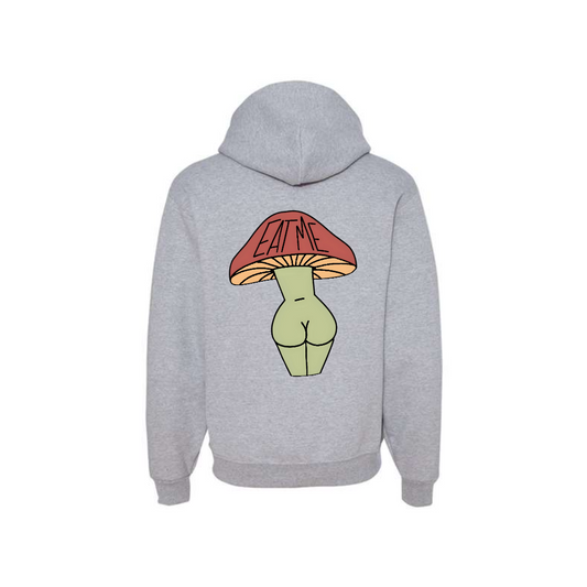 Athletic Heather Eat Me Mushroom Butt graphic hoodie, back view showing the mushroom character graphic.