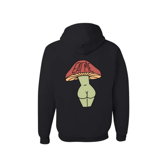 Black Eat Me Mushroom Butt graphic hoodie, back view showing the mushroom character graphic.