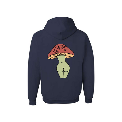 J. Navy Eat Me Mushroom Butt graphic hoodie, back view showing the mushroom character graphic.