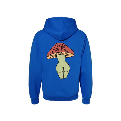 Royal Eat Me Mushroom Butt graphic hoodie, back view showing the mushroom character graphic.