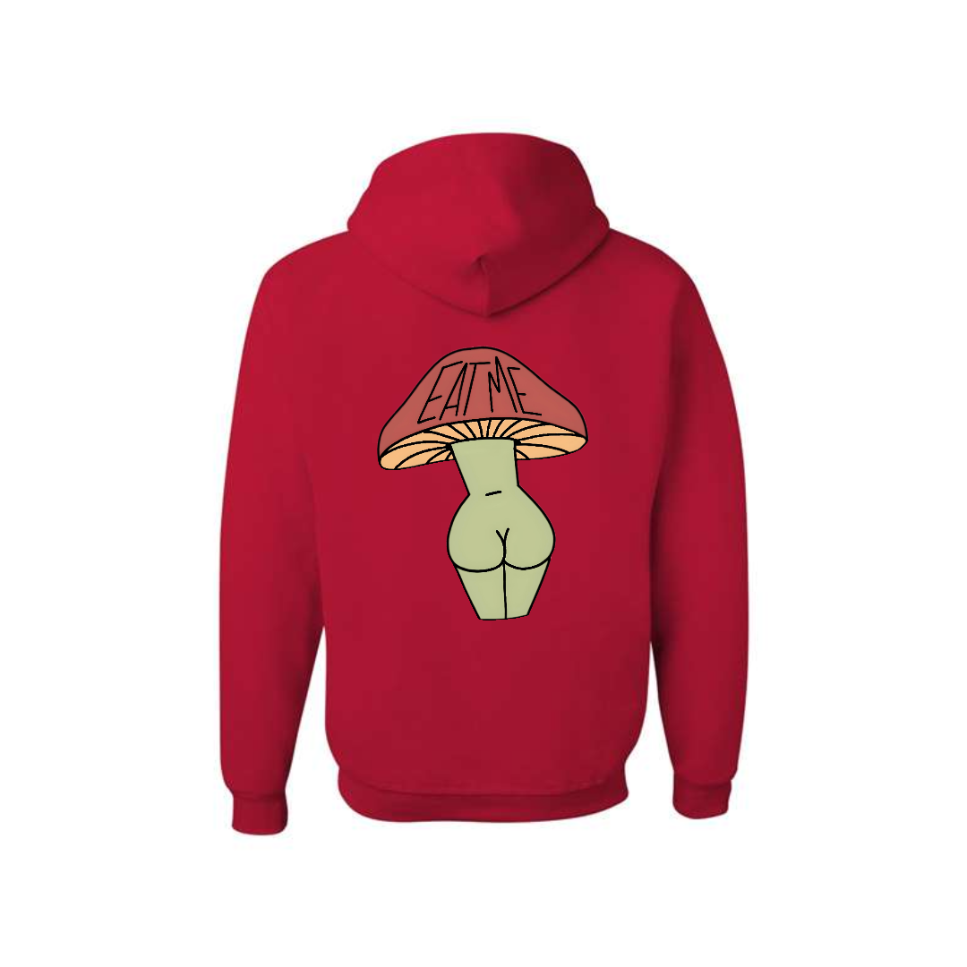 True Red Eat Me Mushroom Butt graphic hoodie, back view showing the mushroom character graphic.