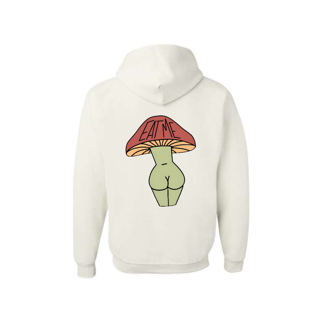 White Eat Me Mushroom Butt graphic hoodie, back view showing the mushroom character graphic.