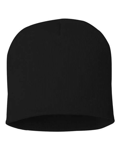 Eight-inch knit beanie in Black, front view.