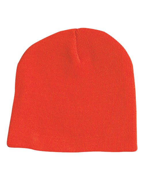 Eight-inch knit beanie in Blaze Orange, front view.