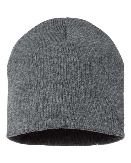 Eight-inch knit beanie in Dark Heather Grey, back view.