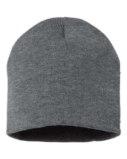 Eight-inch knit beanie in Dark Heather Grey, back view.