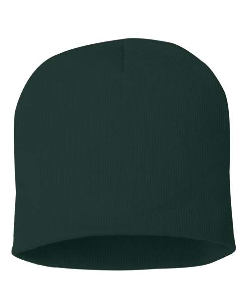 Eight-inch knit beanie in Forest, front view.