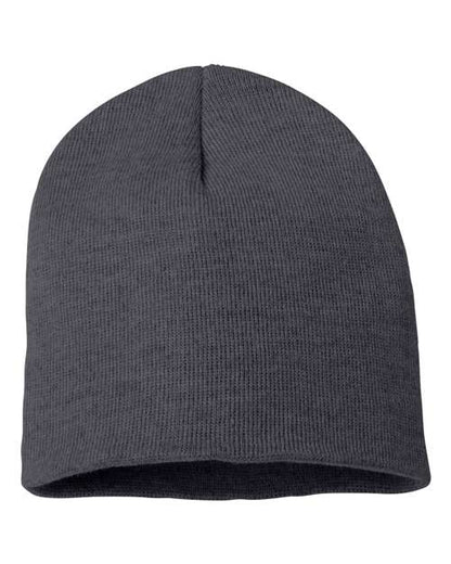 Eight-inch knit beanie in Heather Charcoal, back view.