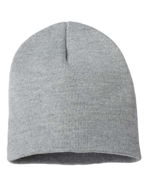 Eight-inch knit beanie in Heather Grey, front view.