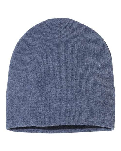 Eight-inch knit beanie in Heather Navy, front view.