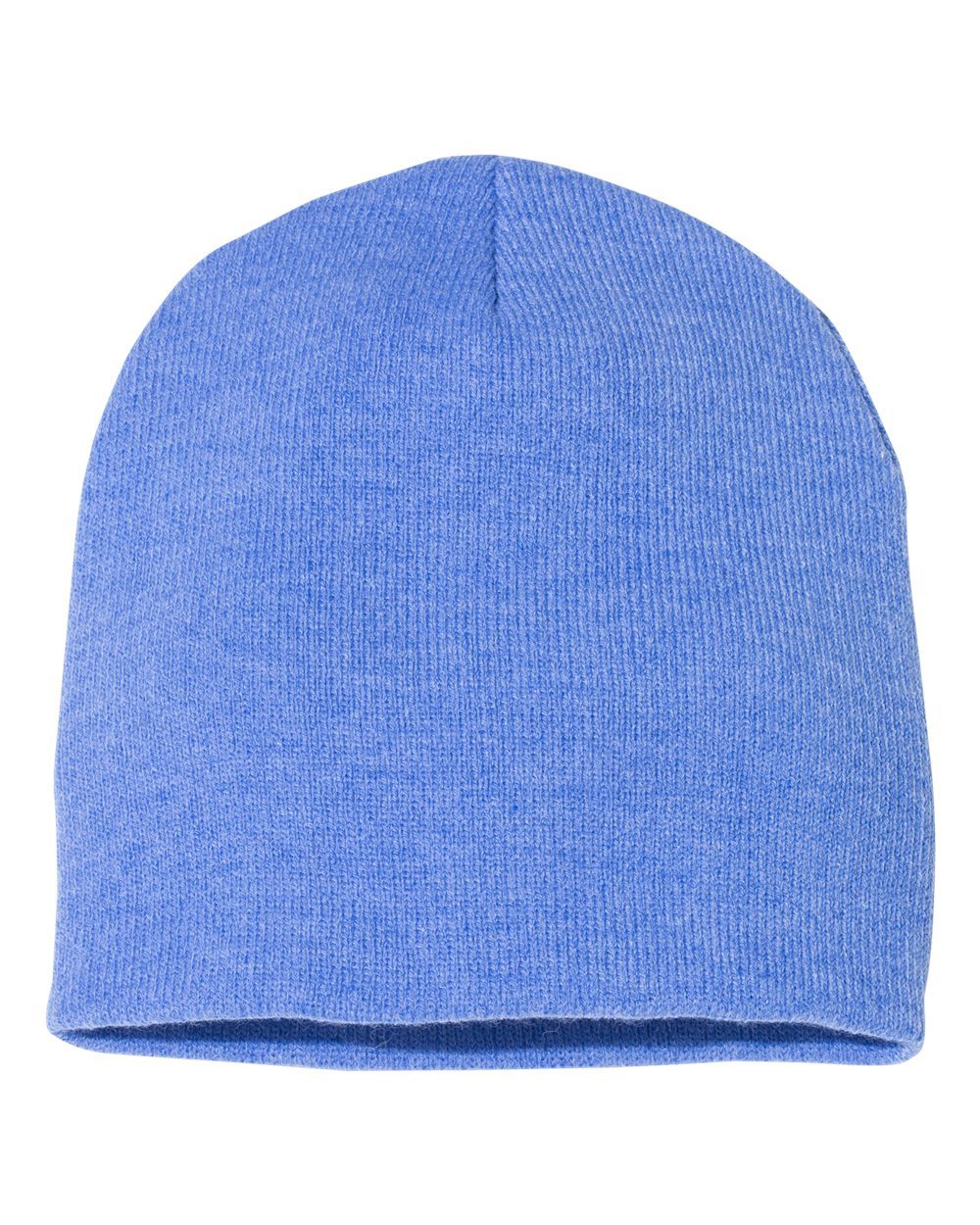 Eight-inch knit beanie in Heather Royal, alternate front view.