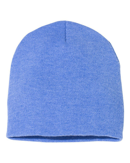 Eight-inch knit beanie in Heather Royal, alternate front view.