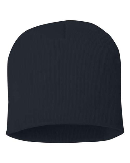 Eight-inch knit beanie in Navy, front view.
