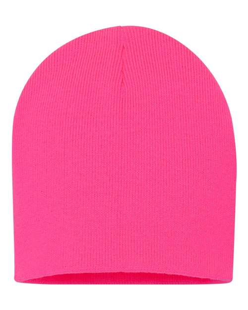 Eight-inch knit beanie in Neon Pink, back view.