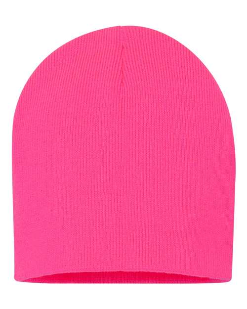 Eight-inch knit beanie in Neon Pink, front view.