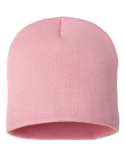 Eight-inch knit beanie in Pink, front view.