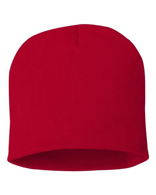 Eight-inch knit beanie in Red, front view.