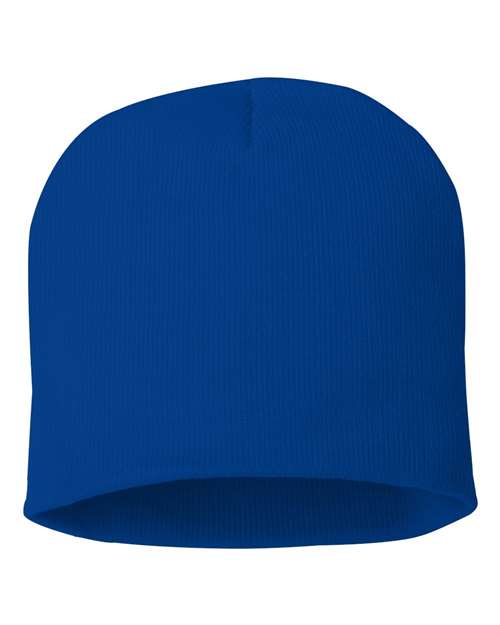 Eight-inch knit beanie in Royal Blue, back view.