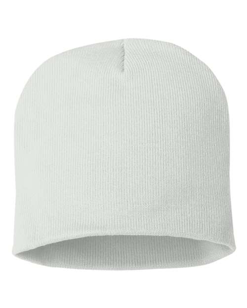 Eight-inch knit beanie in White, back view.