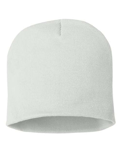 Eight-inch knit beanie in White, front view.