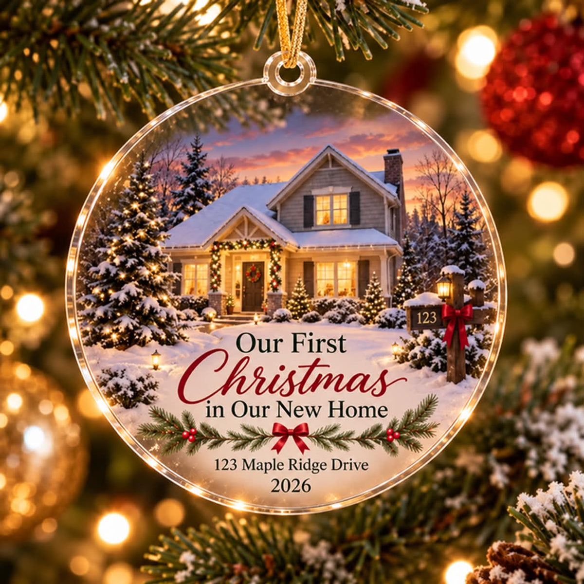 First Christmas in our new home ornament featuring a snowy house, personalized street address and 2026.