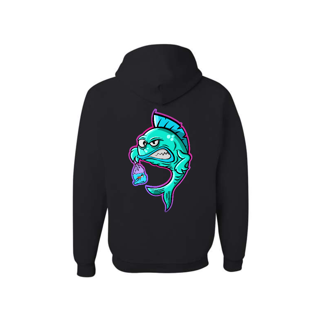 Black Fishy Revenge graphic hoodie, back view showing the colourful fish graphic.