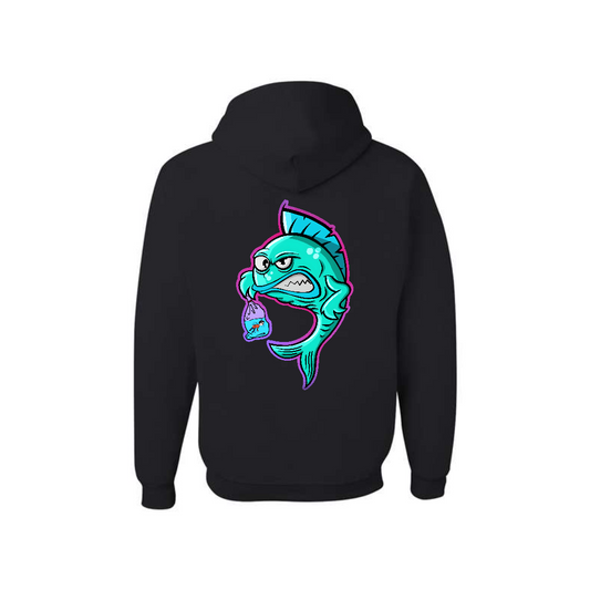 Black Fishy Revenge graphic hoodie, back view showing the colourful fish graphic.