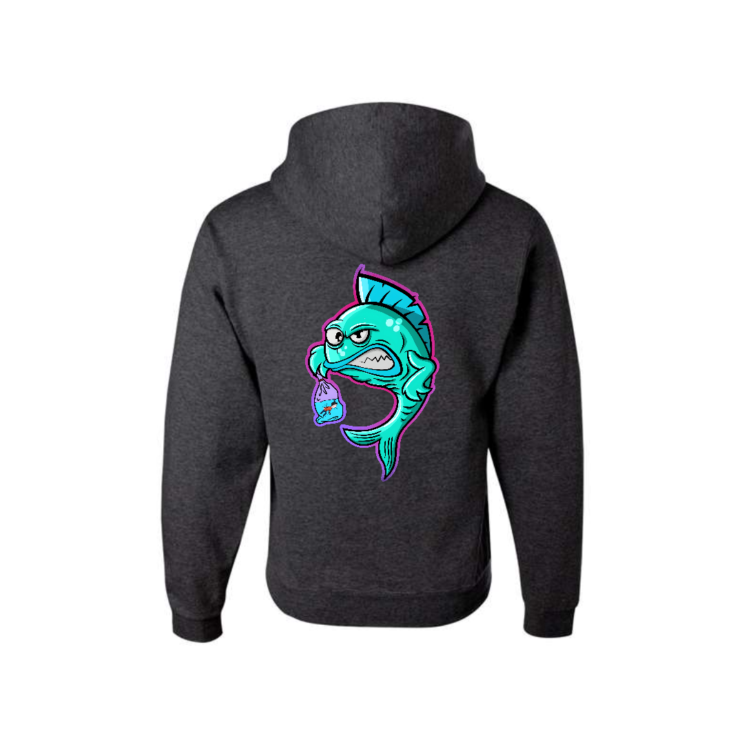 Heather Black Fishy Revenge graphic hoodie, back view showing the colourful fish graphic.