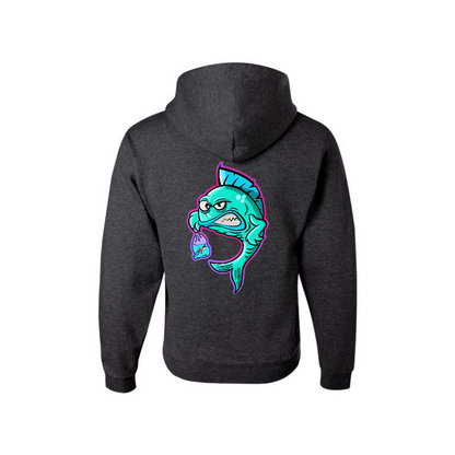 Heather Black Fishy Revenge graphic hoodie, back view showing the colourful fish graphic.