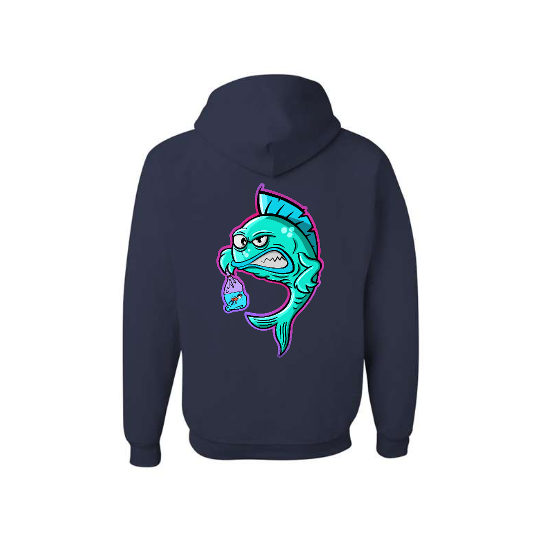 J. Navy Fishy Revenge graphic hoodie, back view showing the colourful fish graphic.