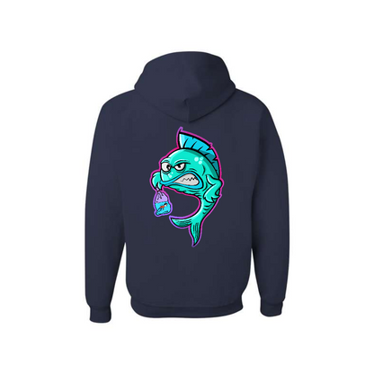 J. Navy Fishy Revenge graphic hoodie, back view showing the colourful fish graphic.