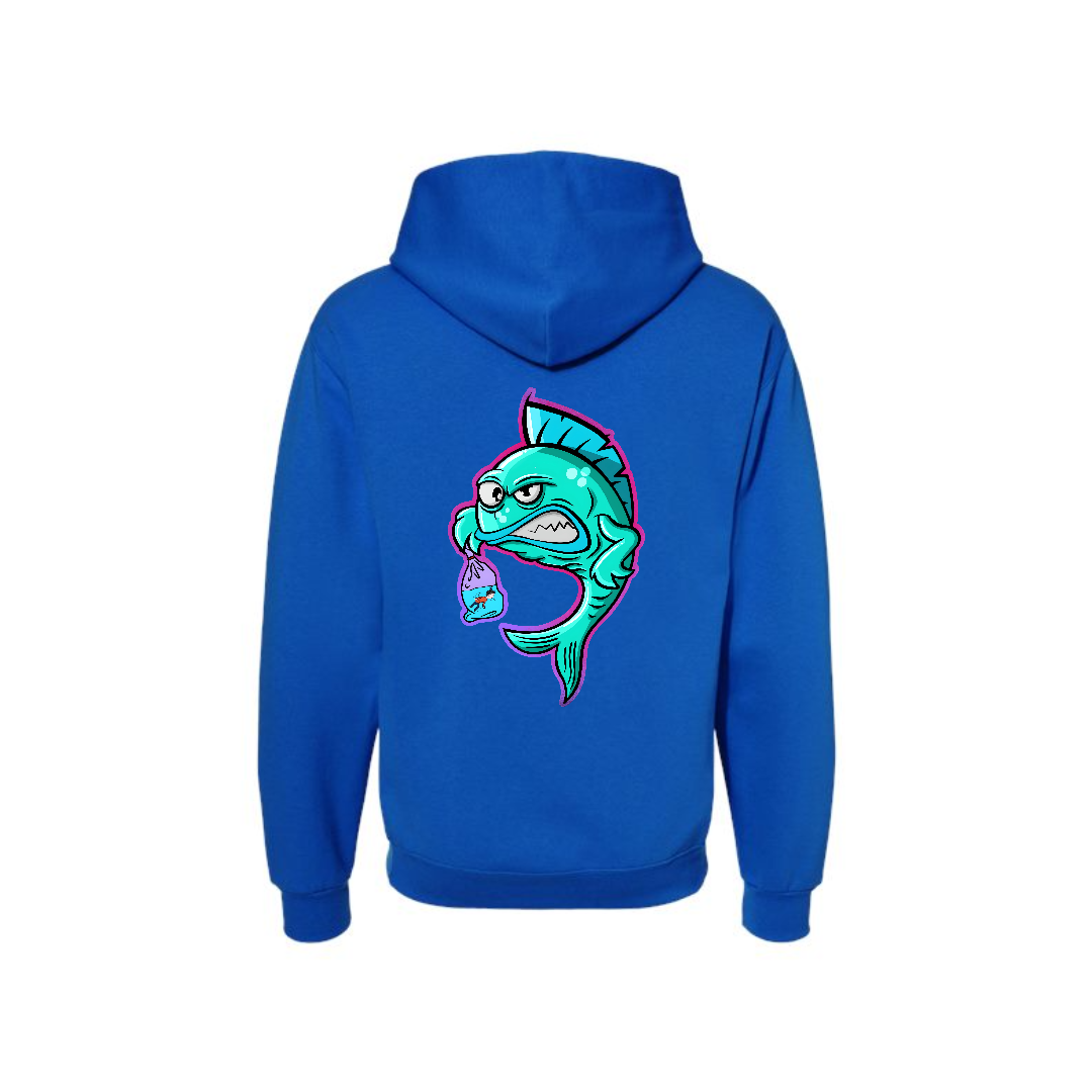 Royal Fishy Revenge graphic hoodie, back view showing the colourful fish graphic.
