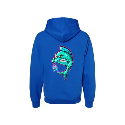 Royal Fishy Revenge graphic hoodie, back view showing the colourful fish graphic.