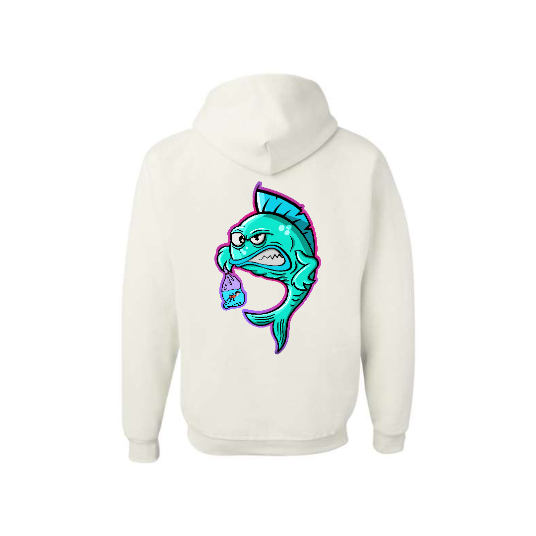White Fishy Revenge graphic hoodie, back view showing the colourful fish graphic.