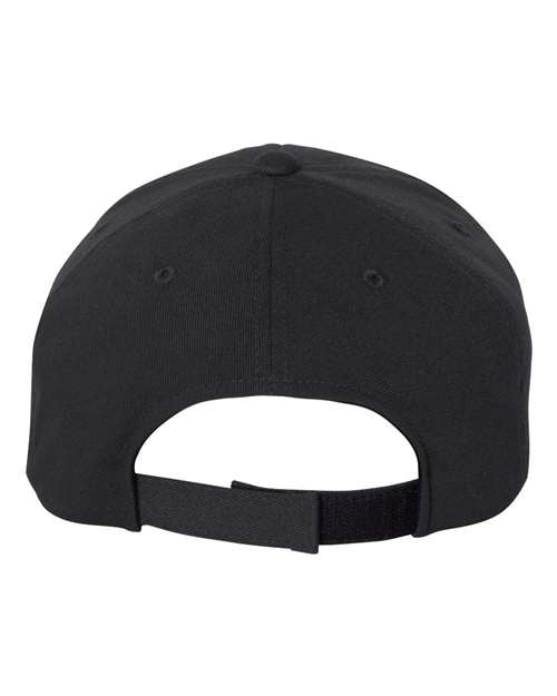 Flexfit 110C hook-and-loop baseball hat in Black, back view.